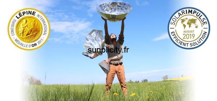 The SUNplicity solar parabolic cooker which is being deployed as well as the Solar Impulse logos and the Gold Medal of the Lépine competition.